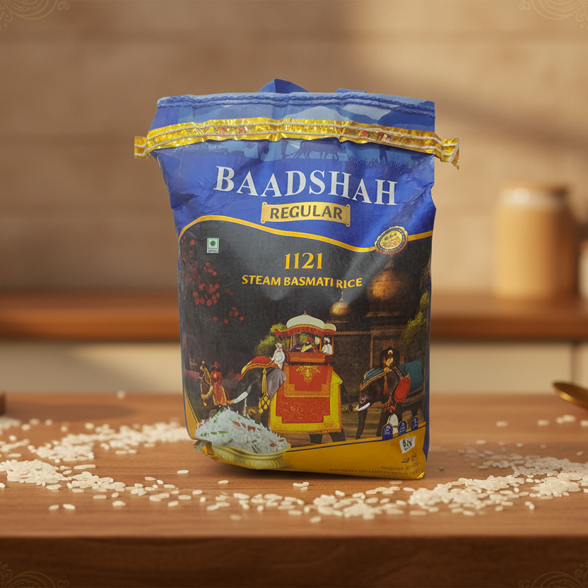Bag of Baadshah 1121 Steam Basmati Rice on a white background