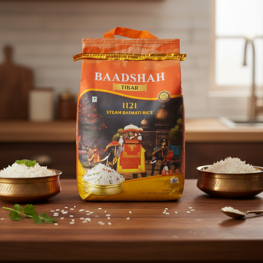 Bag of Baadshah Tibar 1121 Steam Basmati Rice on a white background