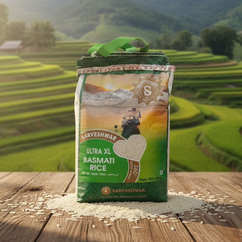 Sarveshwar Ultra XL Basmati Rice bag with green handle on a white background