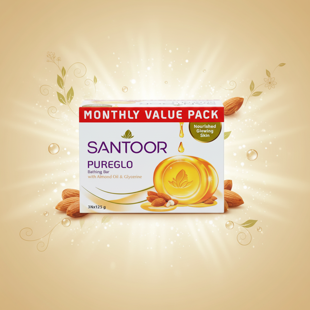 Front Santoor Pureglo Bathing Bar Almond Oil and Glycerine Basket Deliveries