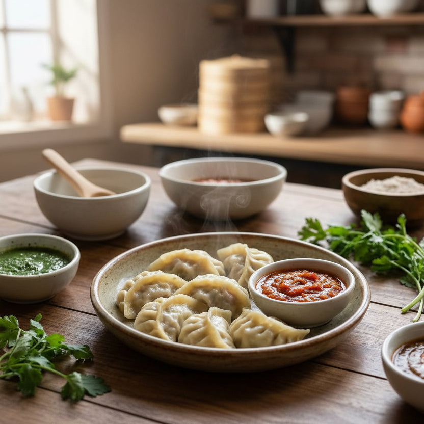Steaming dumplings on a plate with dipping sauces and herbs on a wooden table