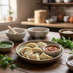 Steaming dumplings on a plate with dipping sauces and herbs on a wooden table