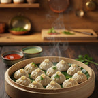 Steamed dumplings in a bamboo steamer with steam rising, accompanied by dipping sauces on a wooden surface.